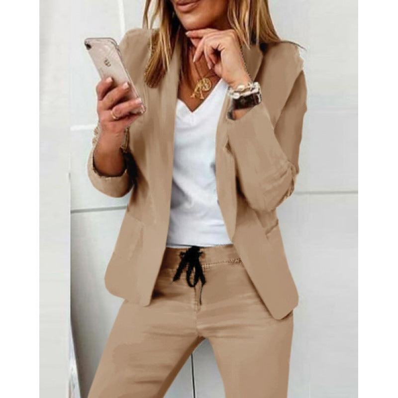 Women's Two-Piece Stretch Jersey Blazer Set with Drawstring Jogging Pants Amarae
