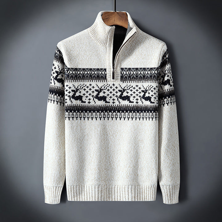 Lune London | Winter pullover for men - warm knitted pullover with half zipper & Scandinavian reindeer pattern