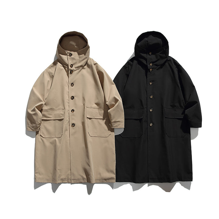Unisex Longer Hooded Coat in Boxy Cut with Concealed Button Placket and Large Flap Pockets Amarae