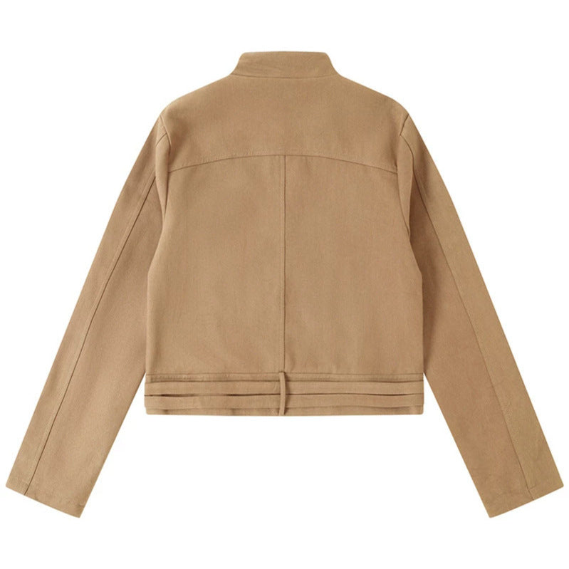 Women's Short Cut Cotton Utility Jacket with Stand-Up Collar Front Zip and Adjustable Waist Straps Amarae