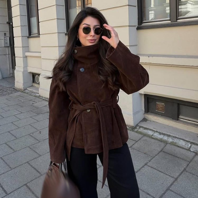 Women's short jacket made of suede with a high stand-up collar and tie belt Amarae