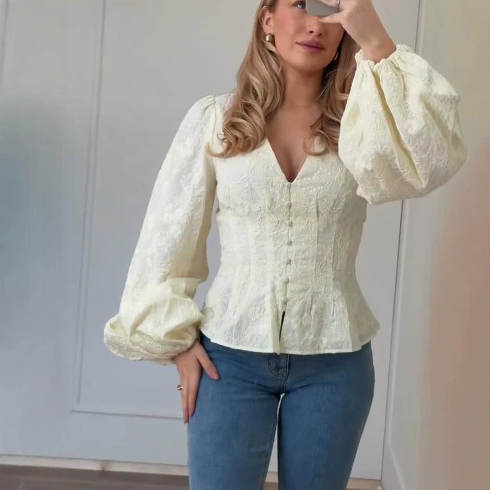 Women's Tailored Lace Blouse in Corset Style with V-Neck, Button Placket and Balloon Sleeves Amarae