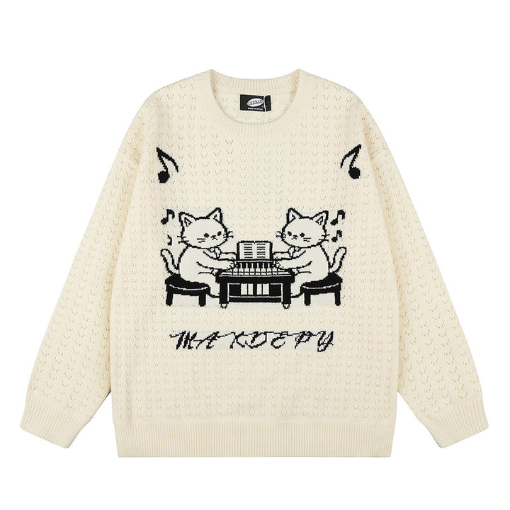 Women's Oversize Knit Sweater with Jacquard Cat Motif and Musical Design Amarae