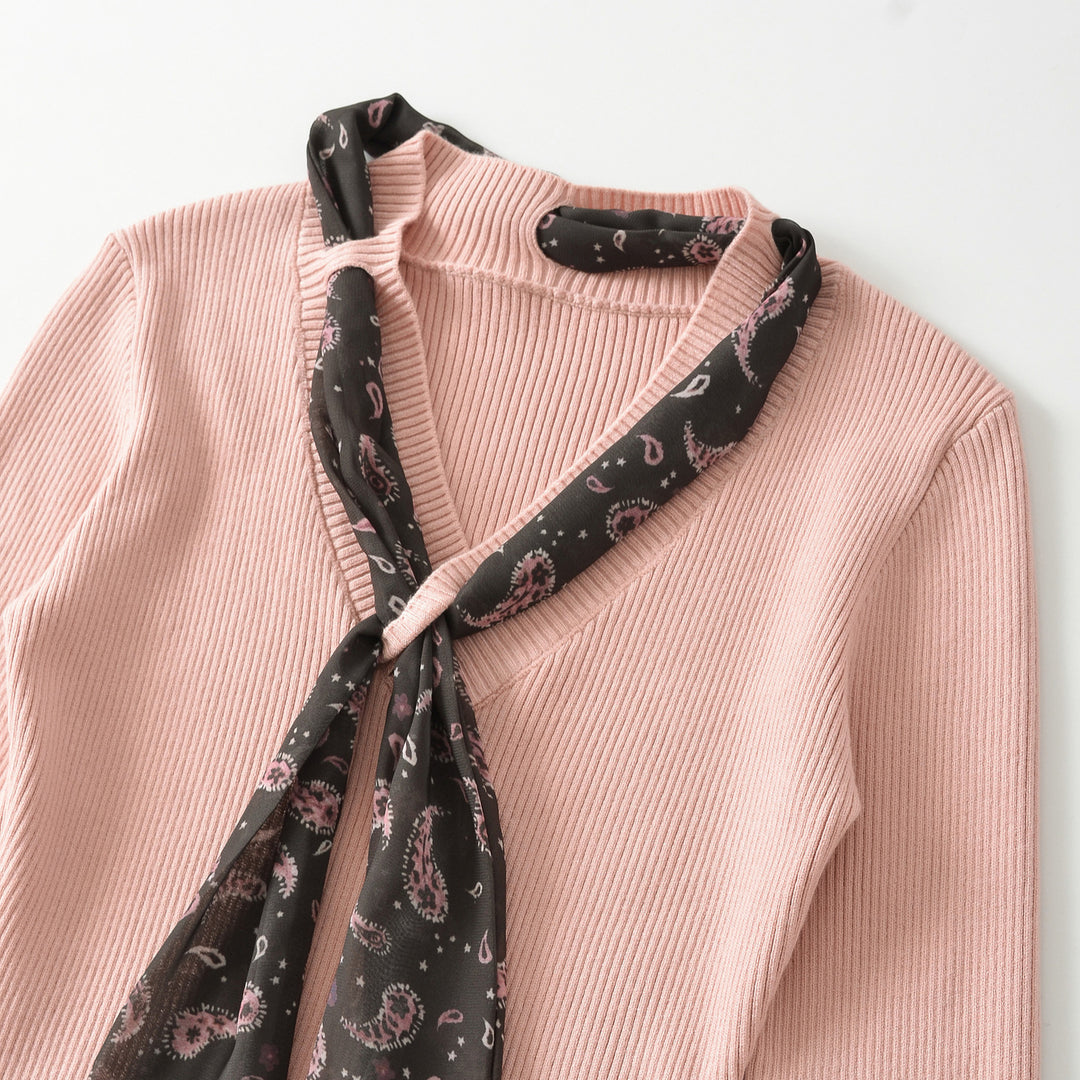 Women's fine knit pullover with threaded paisley scarf Amarae