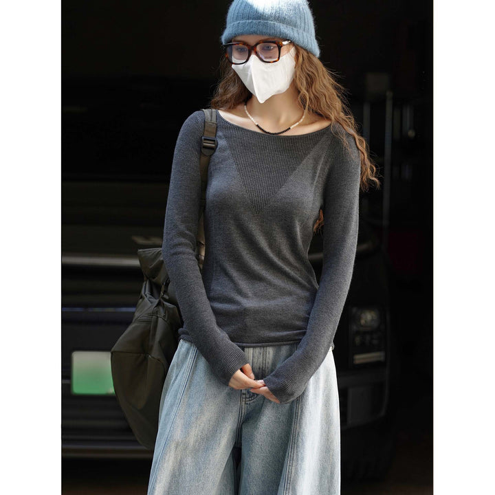 Women's Fitted Fine Knit Long Sleeve with Wide Boat Neck
