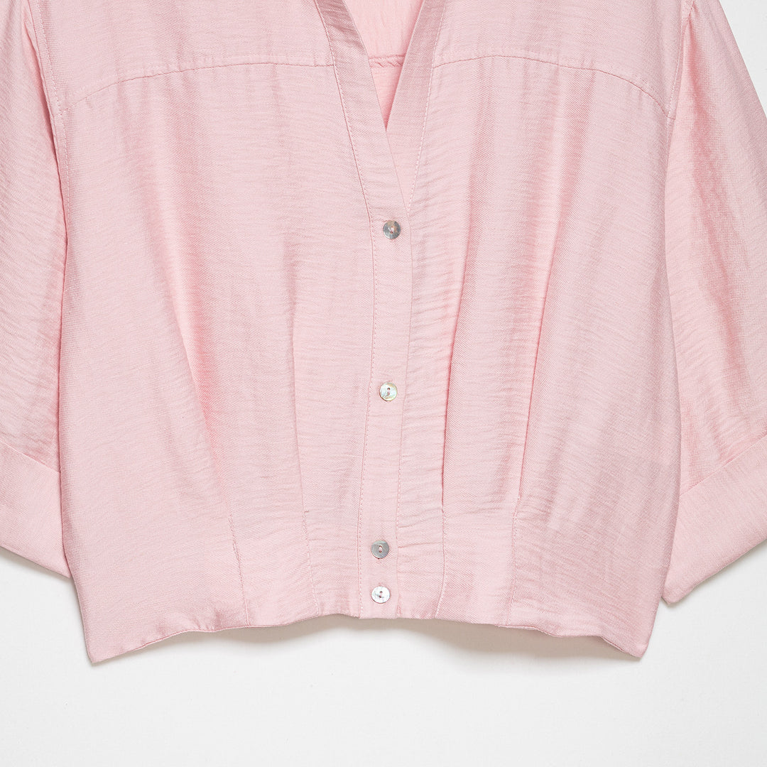 Women's Oversize Lightweight Shirt Blouse with Buttoned Sleeves and V-Neck Amarae