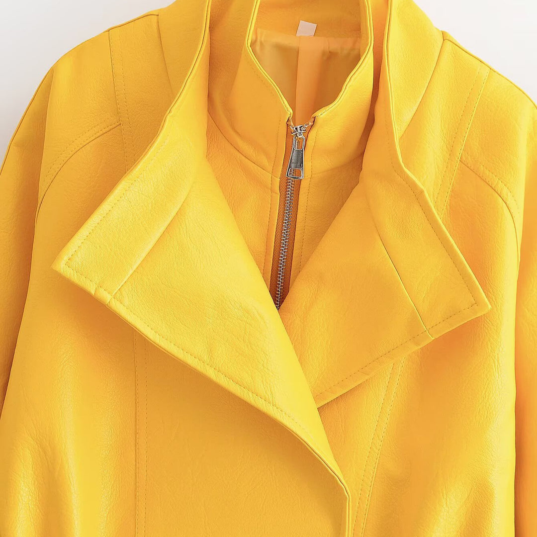 Women Short Faux Leather Jacket with Asymmetrical Lapel and Tailored Drawstring Amarae
