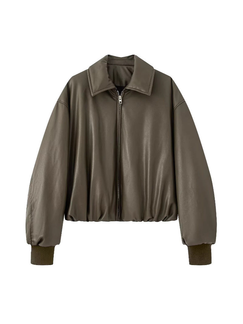 Fashionable faux leather jacket for women with elastic waist and high collar Lune London