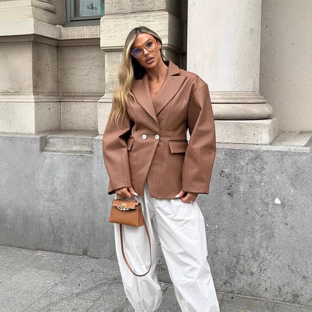 Women's Boxy Blazer with tailored draping and structured faux leather look Amarae