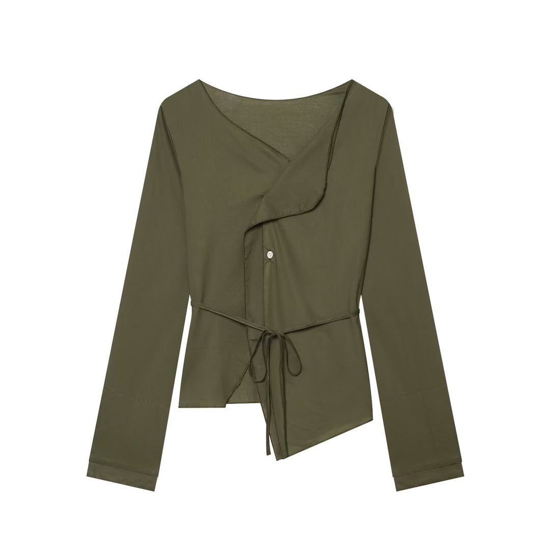 Women's wrap blouse with waist tie, asymmetrical hem and gathered edges Amarae