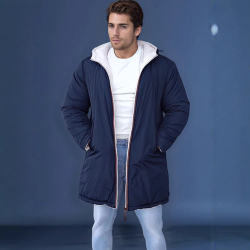 Reversible quilted coat for men with hood and practical pockets Amarae