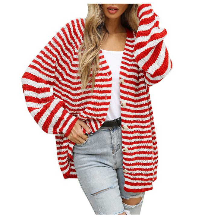 Ladies long sleeve knit cardigan with a modern striped pattern and buttons Lune London