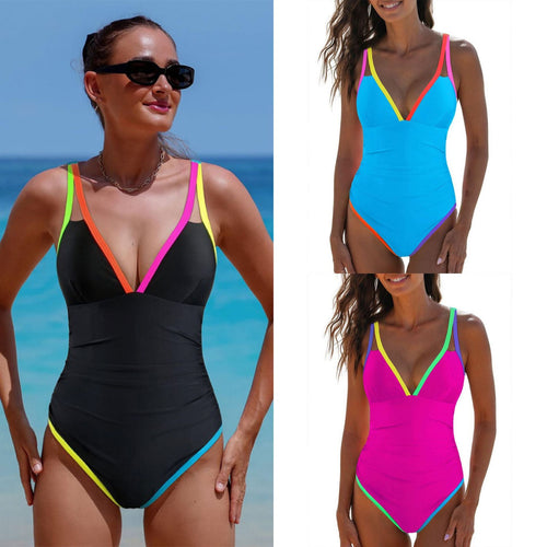 Ladies' One-Piece Swimsuit with Colorful Accents and Fashionable V-Neck Amarae