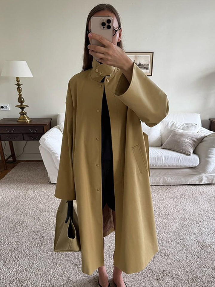 Ladies Maxilong Oversize Trench Coat with Stand Collar and Concealed Snap Placket Amarae