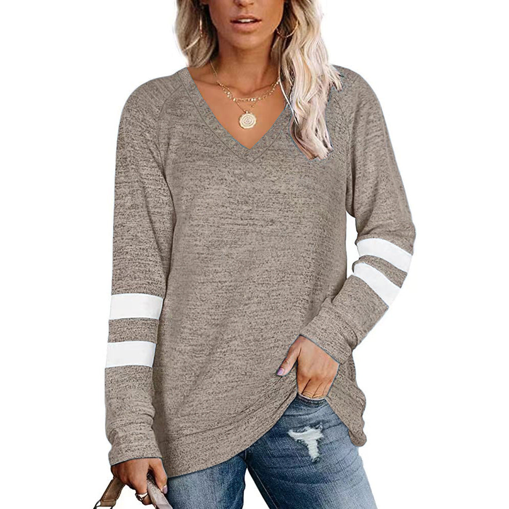Long Sleeve Sporty T-Shirt for Women with V-Neck and Striped Details Lune London