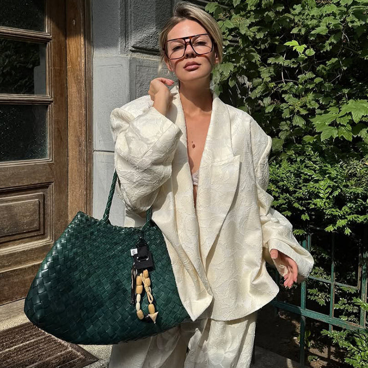 Women Two-Piece Jacquard Pants Set with Oversized Boxy Blazer and High-Cut Palazzo Pants Amarae