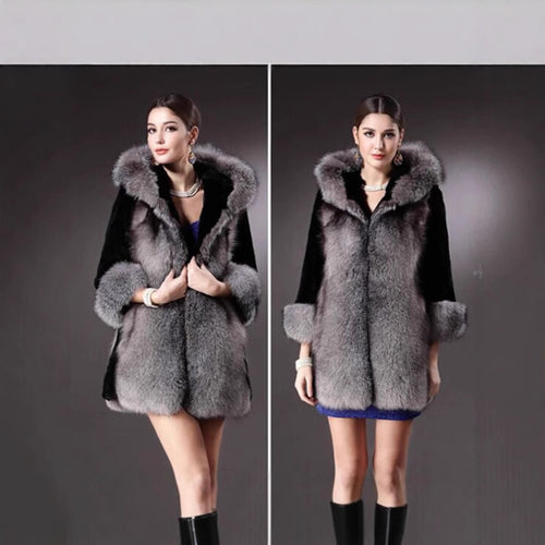 Luxury faux fur jacket for women with hood and decorative details Amarae