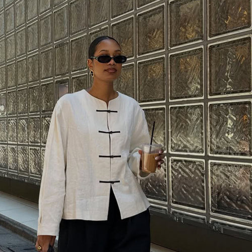 Women's Boxy Linen Blouse with Toggle Closures and Asymmetric Hem Amarae