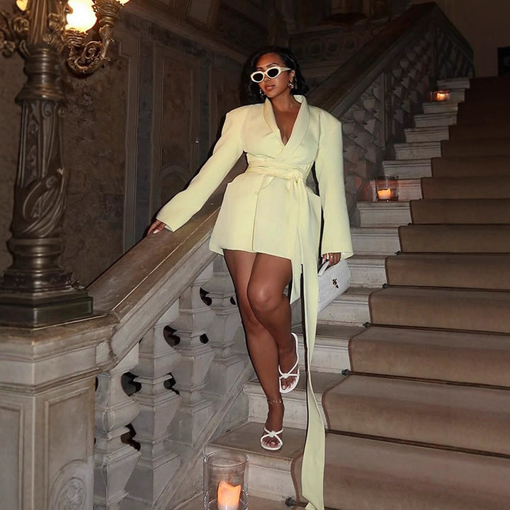 Women's Tailored Blazer Dress with Draped Tie Belt and Structured Shoulders Amarae
