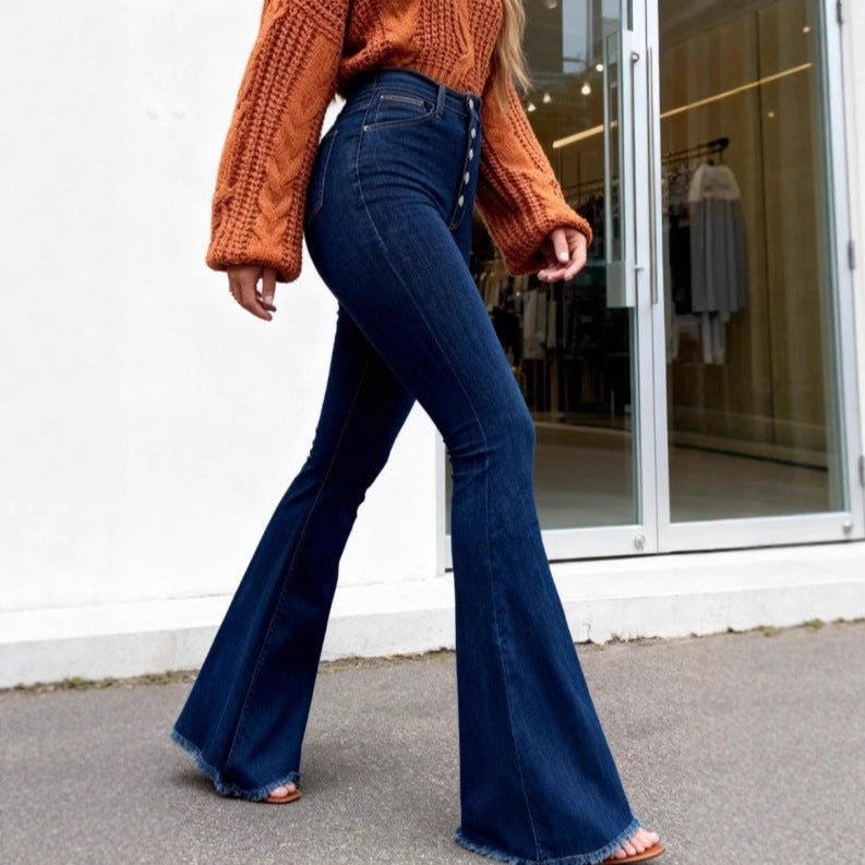 Ladies high-waisted retro flared jeans with visible button placket and flared leg Amarae