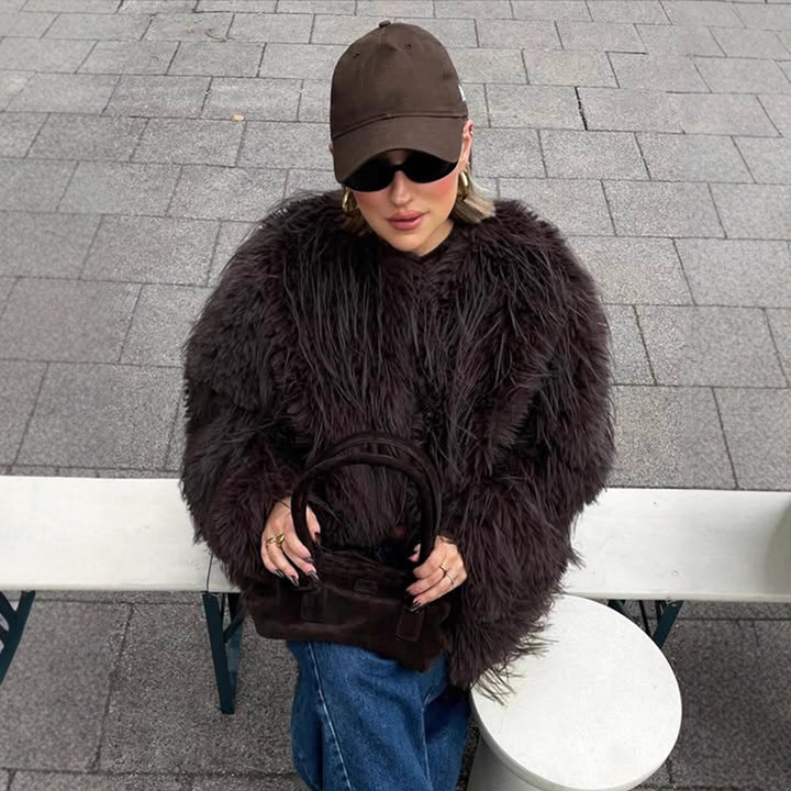 Ladies short jacket made of long-pile shaggy faux fur with hidden snap button placket Amarae