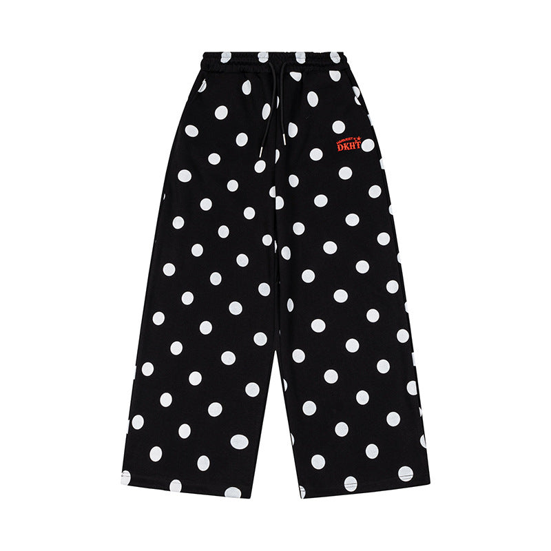 Women's Wide Culotte Sweatpants with Elastic Comfort Waistband and Polka Dot Print