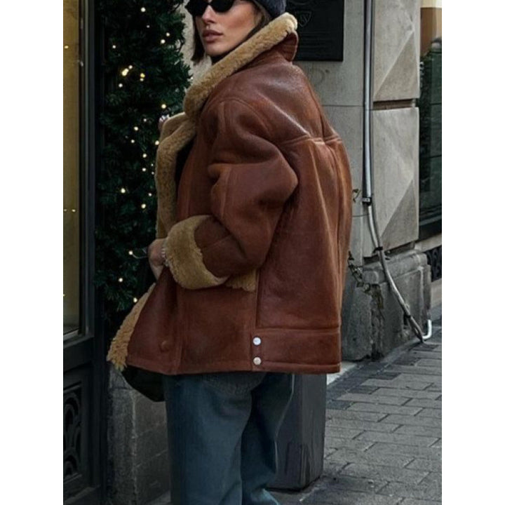 Women's Oversize Sheepskin-Look Aviator Jacket with Voluminous Shawl Collar Amarae