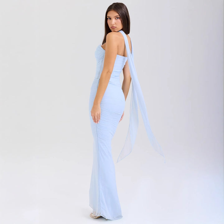 Women's form-fitting evening dress with off-shoulder design and sophisticated draping Lune London