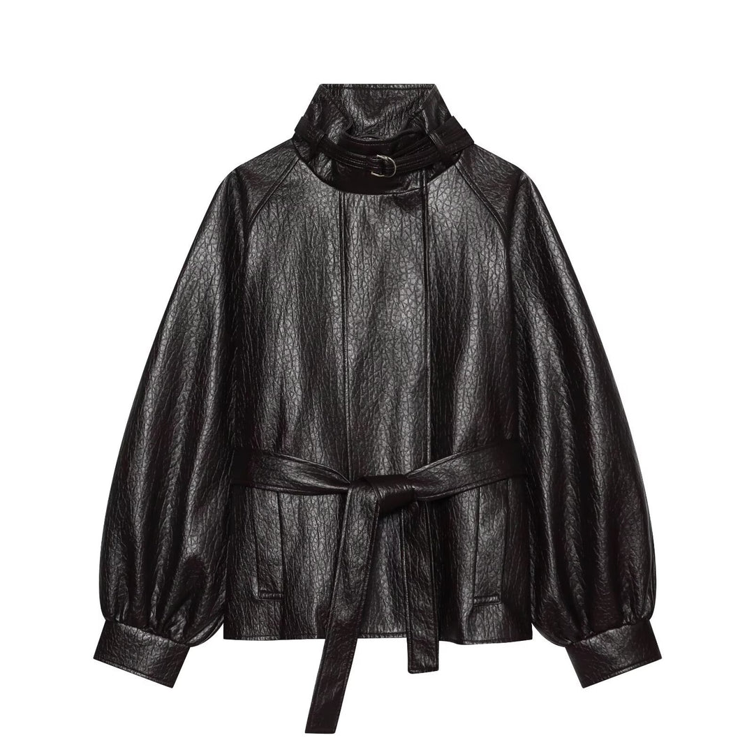 Women's short jacket made of faux leather with high buckle collar and waist belt Amarae