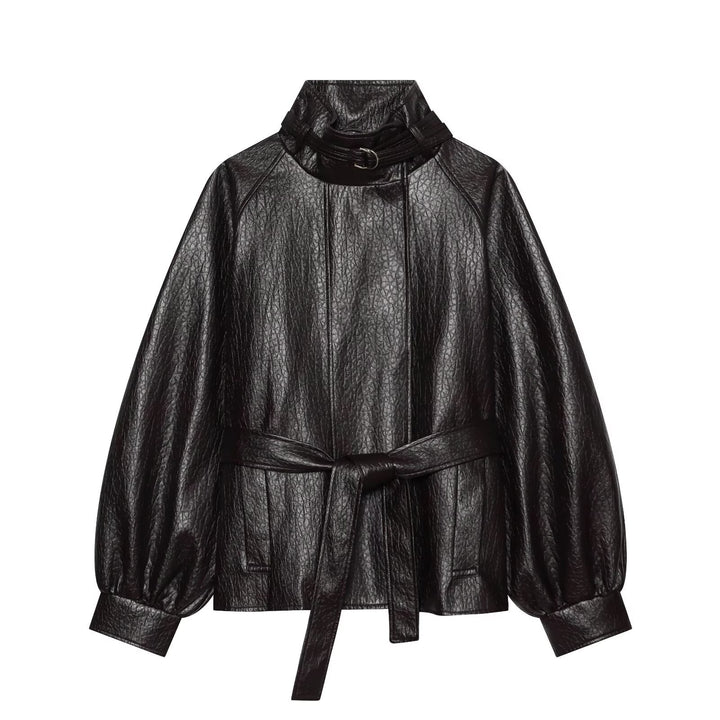 Women's short jacket made of faux leather with high buckle collar and waist belt Amarae