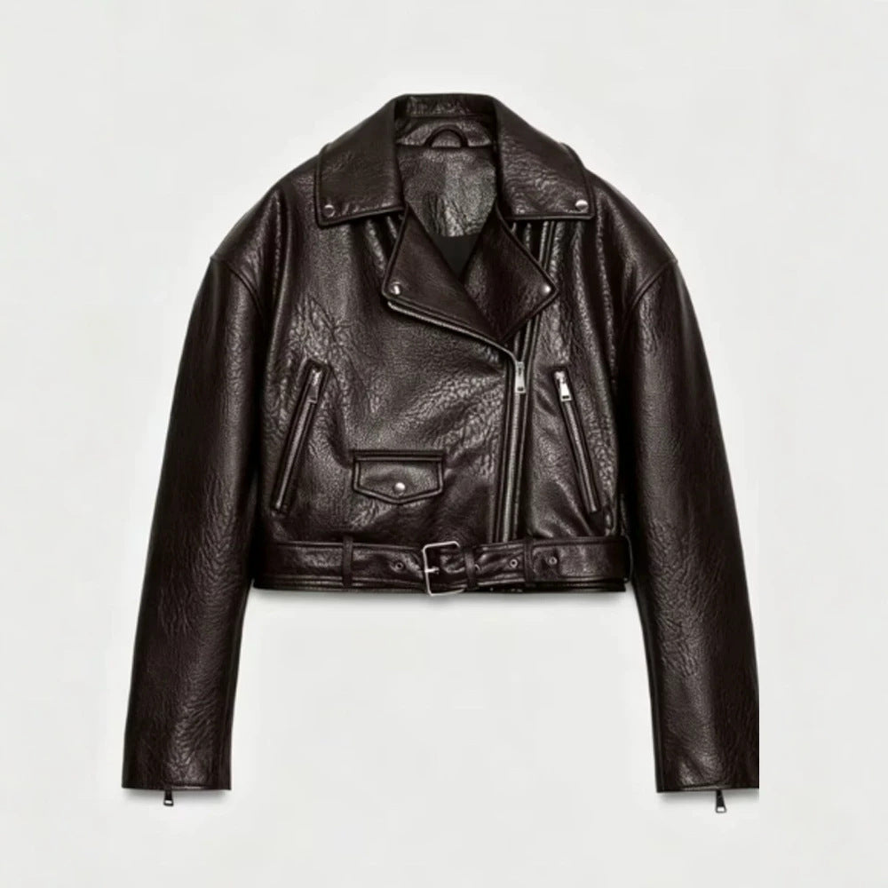 Women's short-cut biker jacket made of faux leather with a waist belt and asymmetrical zipper Amarae