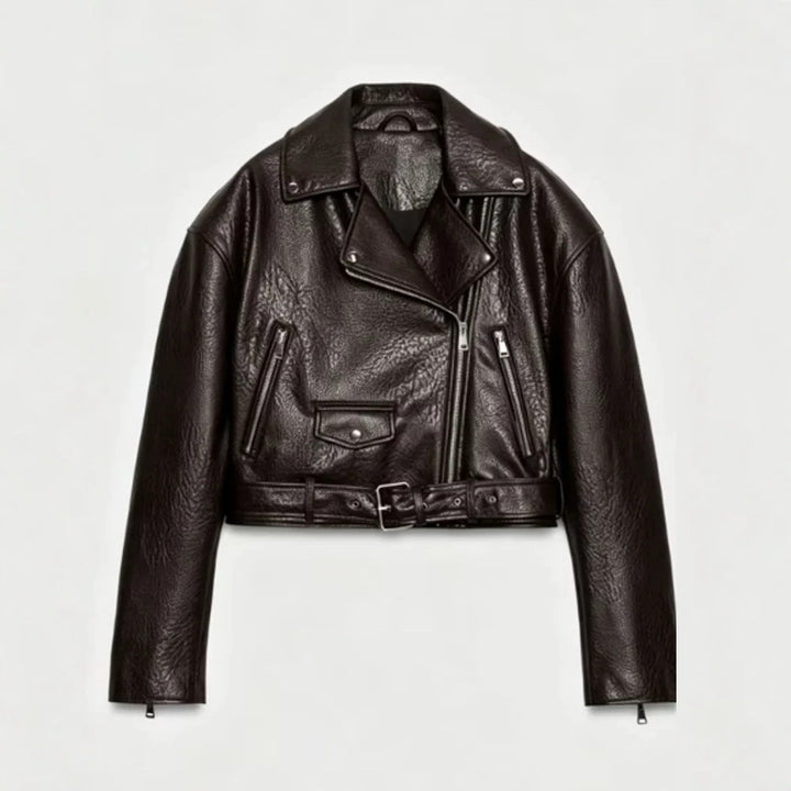 Women's short-cut biker jacket made of faux leather with a waist belt and asymmetrical zipper Amarae