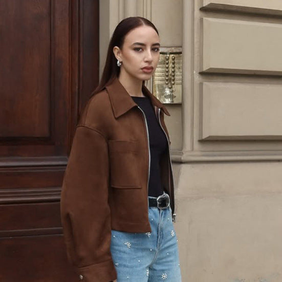 Ladies Short Suede Look Jacket with Zipper and Oversized Sleeves Amarae