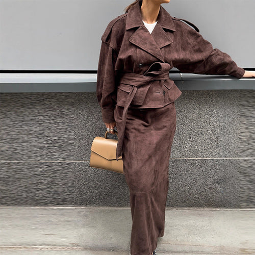 Suede leather jacket for women with matching skirt in a stylish set Amarae