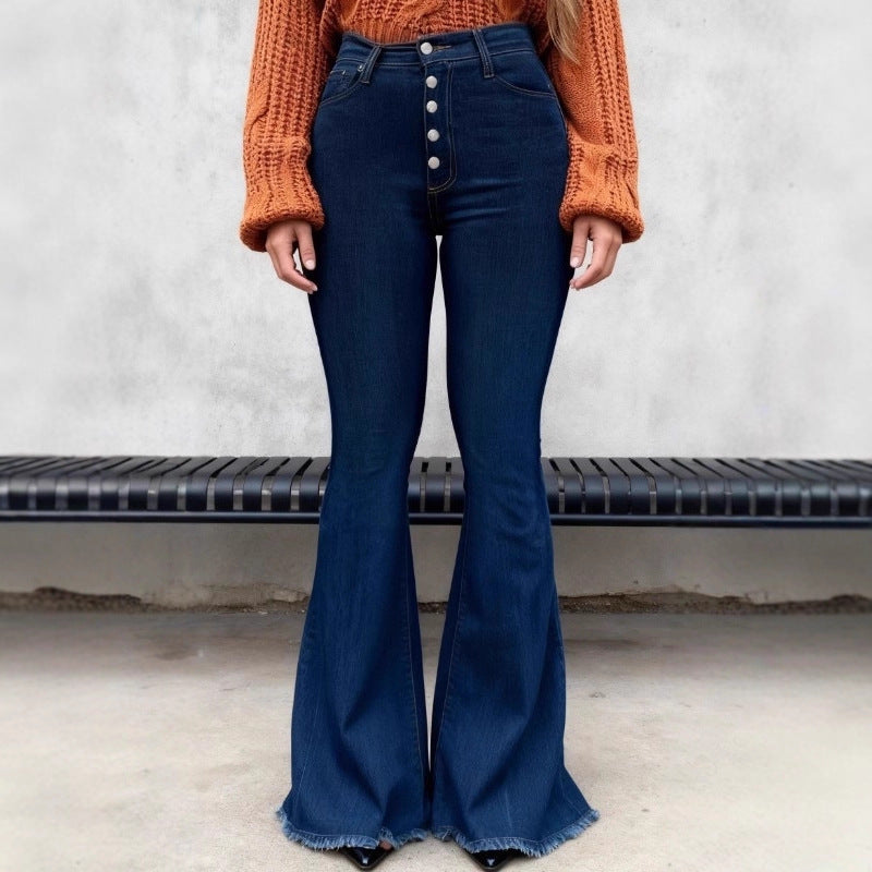 Ladies high-waisted retro flared jeans with visible button placket and flared leg Amarae