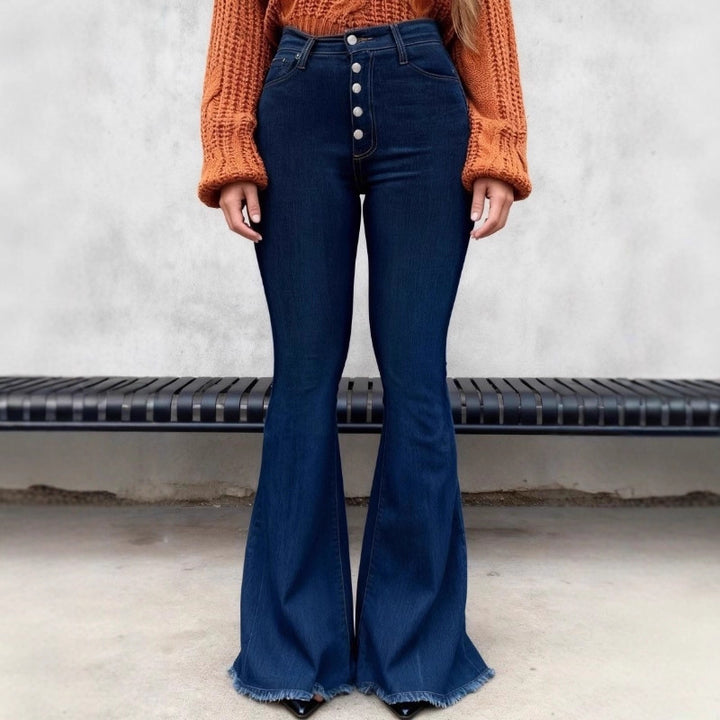 Ladies high-waisted retro flared jeans with visible button placket and flared leg Amarae