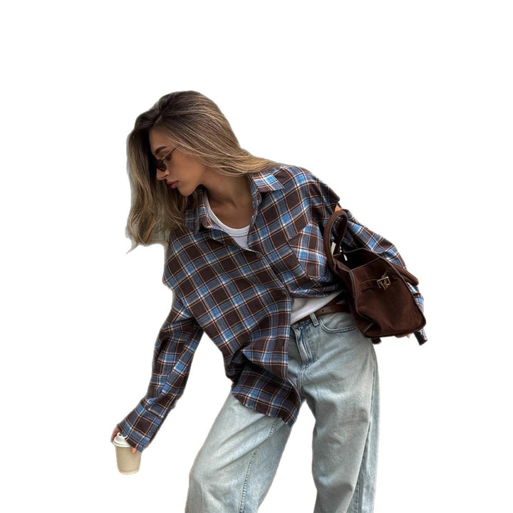 Women checked oversized shirt jacket with cut-out sleeves and raw hem Amarae