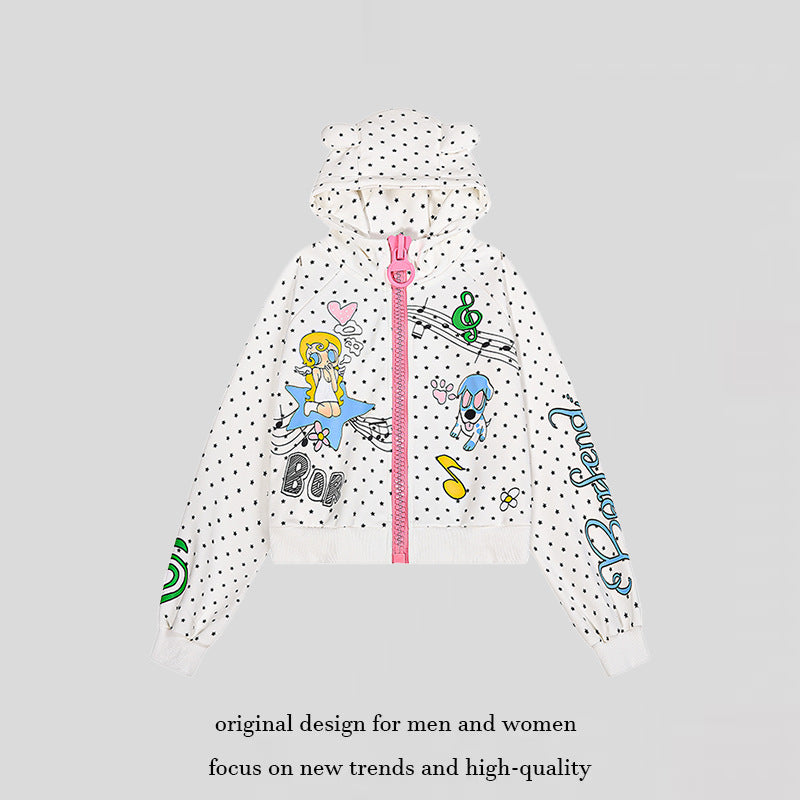 Women's Cozy Hoodie with Ears, Allover Star Pattern and Playful Cartoon Prints