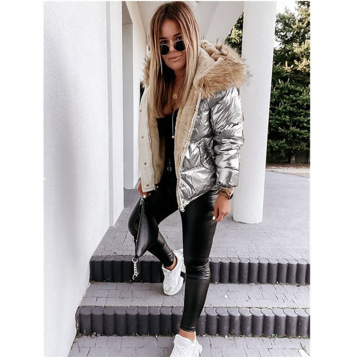 Women Shiny Winter Jacket with Removable Hood and Faux Fur Collar Lune London