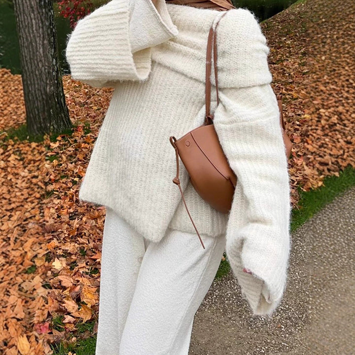 Women's Oversize Off-Shoulder Ribbed Knit Sweater with Wide Bell Sleeves Amarae