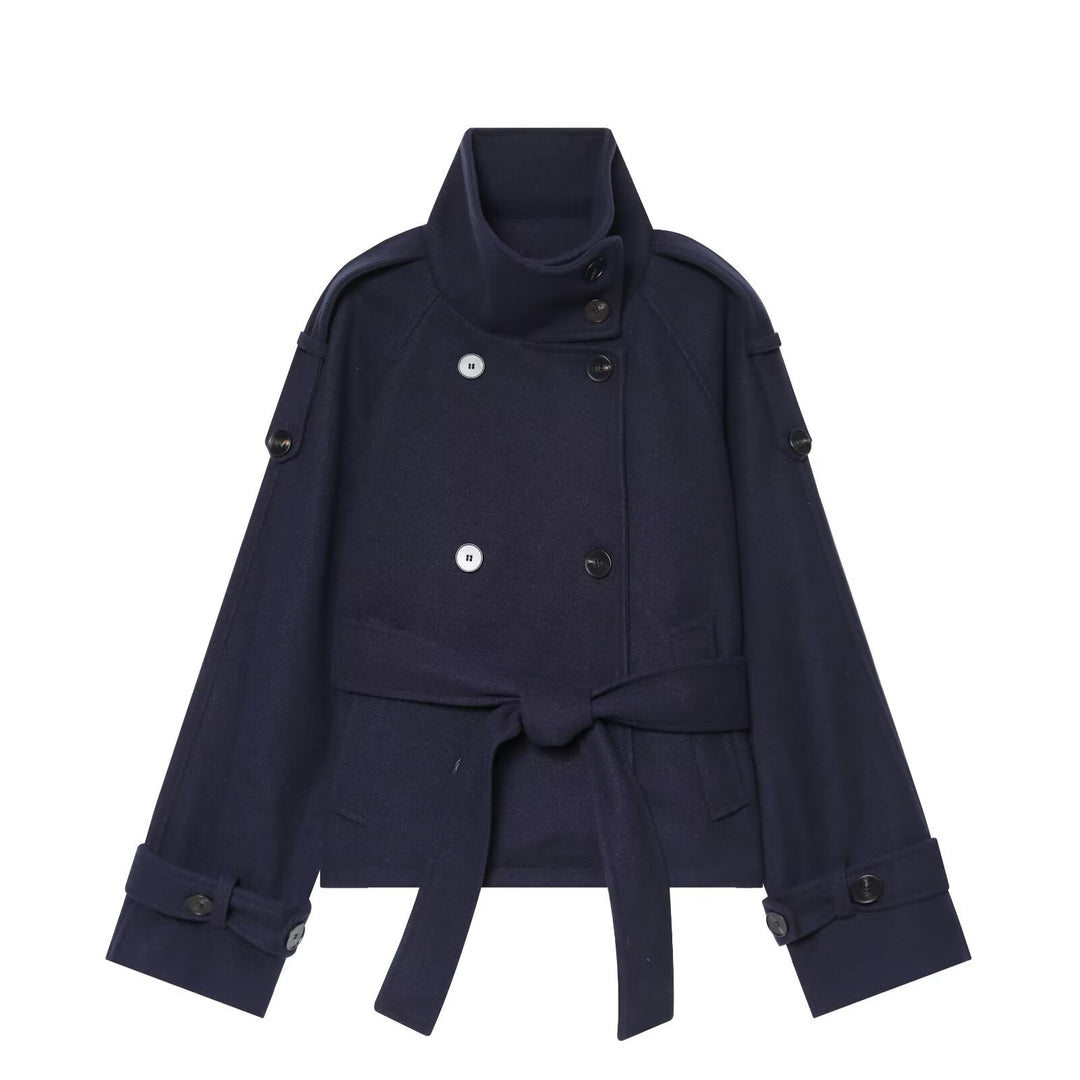 Ladies short cape jacket made of wool blend with high standing collar, double-breasted and tie belt Amarae