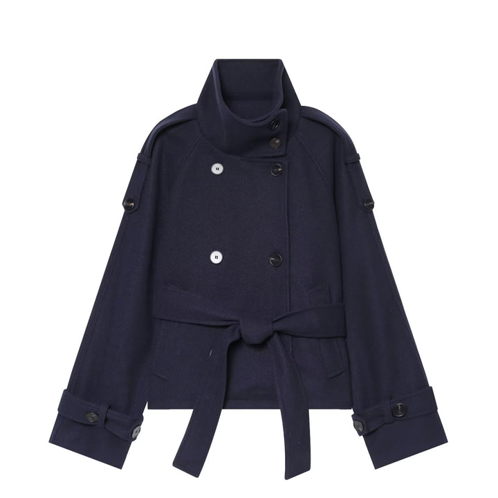 Ladies short cape jacket made of wool blend with high standing collar, double-breasted and tie belt Amarae