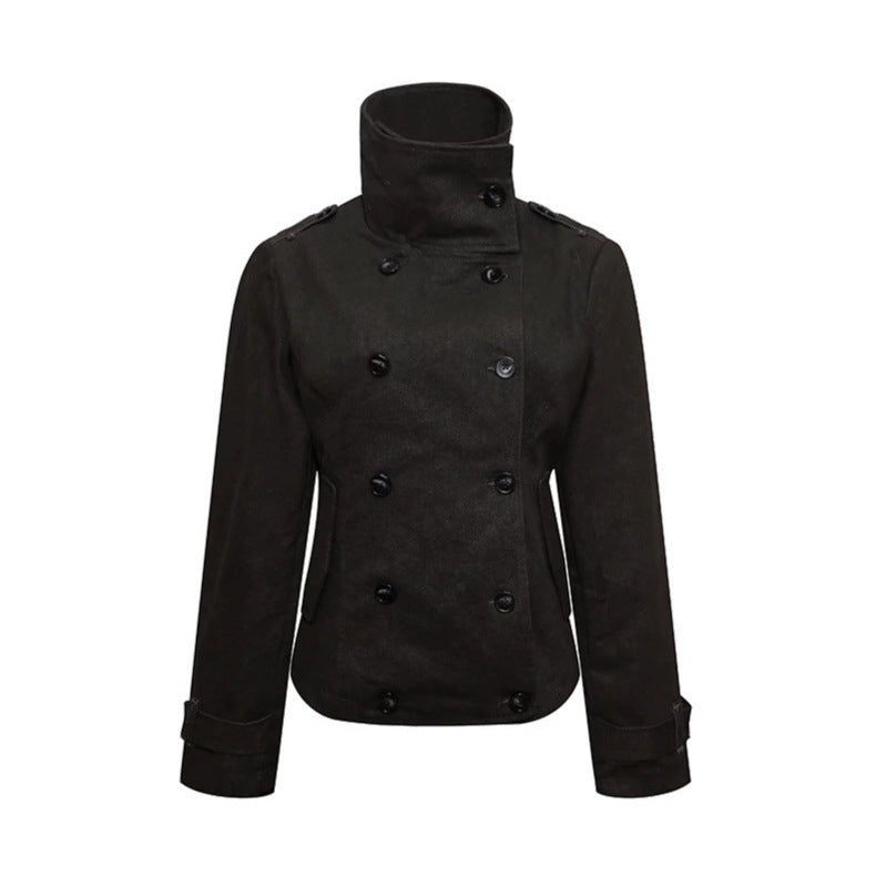 Women Short Double-Breasted Peacoat with Stand Collar and Waist Amarae