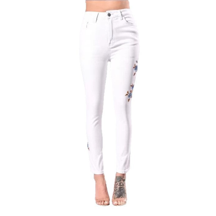 Women High-Waisted Sculpting Skinny Jeans with Side Floral Embroidery Amarae