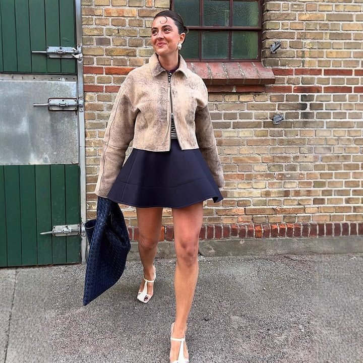 Women's short cut suede jacket in used look with extra long sleeves and two-way zipper Amarae
