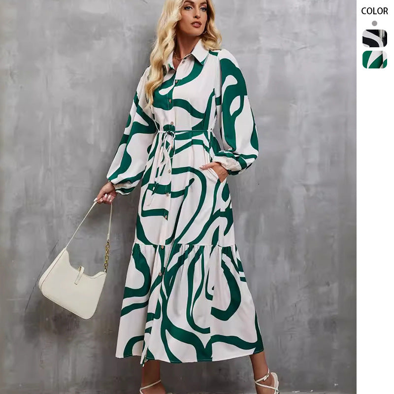 Long sleeve women's dress with trendy pattern and practical belt.