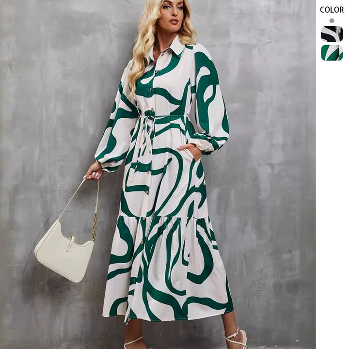 Long sleeve women's dress with trendy pattern and practical belt.