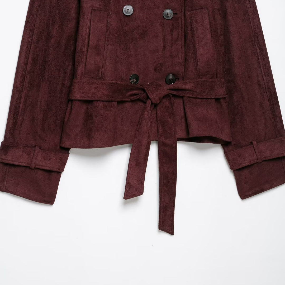 Women's short trench coat in suede look with high stand-up collar and tie belt Amarae