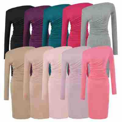 Women's Asymmetric One-Shoulder Midi Dress with Gathering and Long Sleeve Amarae