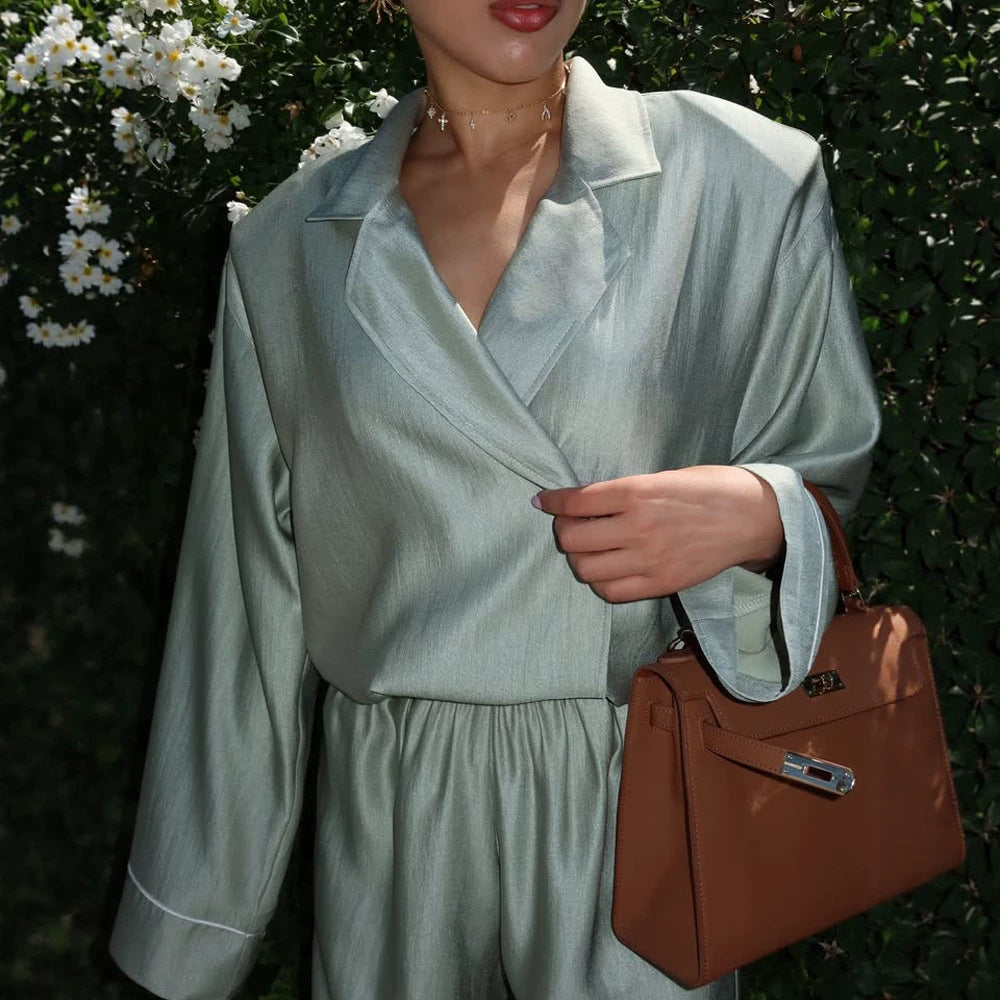 Women's satin two-piece set with wrap blouse, wide pants and elastic waistband Amarae